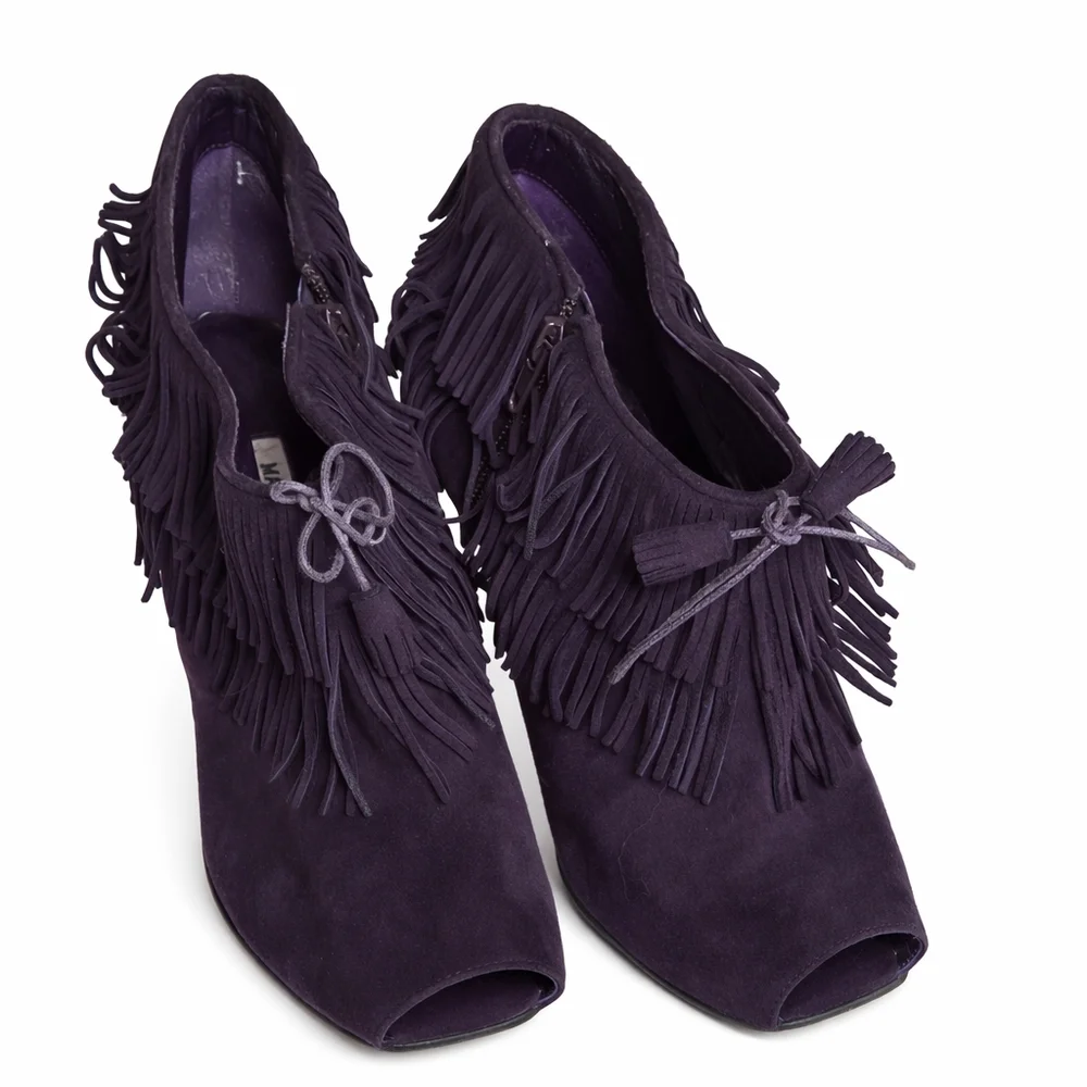Manolo Blahnik Purple Suede Fringe Peep Toe Booties Tassel Stiletto Heels 40.5 - Picture 5 of 16